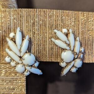 Vintage milk glass cabochon clip earrings in leaf pattern